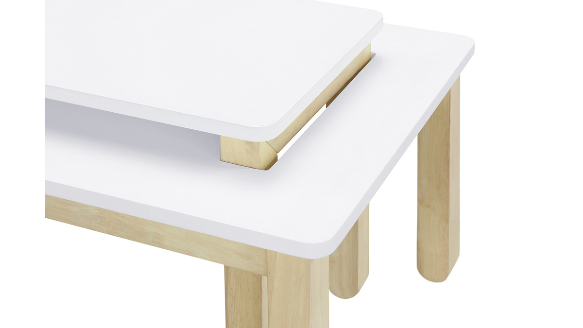 Tavolino basso scandinavo con banco integrato bianco e legno chiaro CYBEL