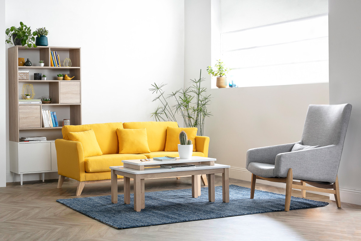 Tavolino basso scandinavo con banco integrato bianco e legno chiaro CYBEL