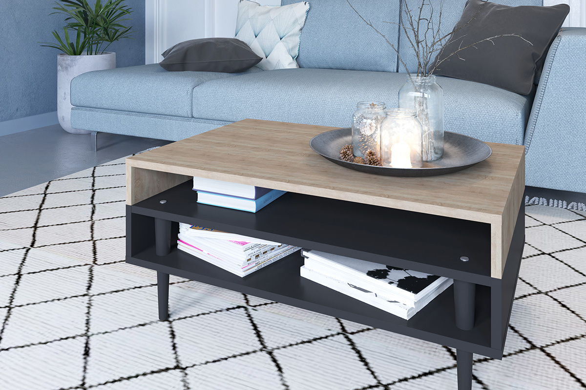 Tavolino basso scandinavo legno e nero STRIPE