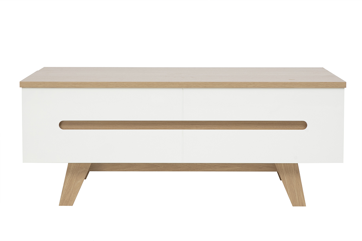 Tavolino basso sollevabile bianco laccato con piano in legno chiaro, vista frontale