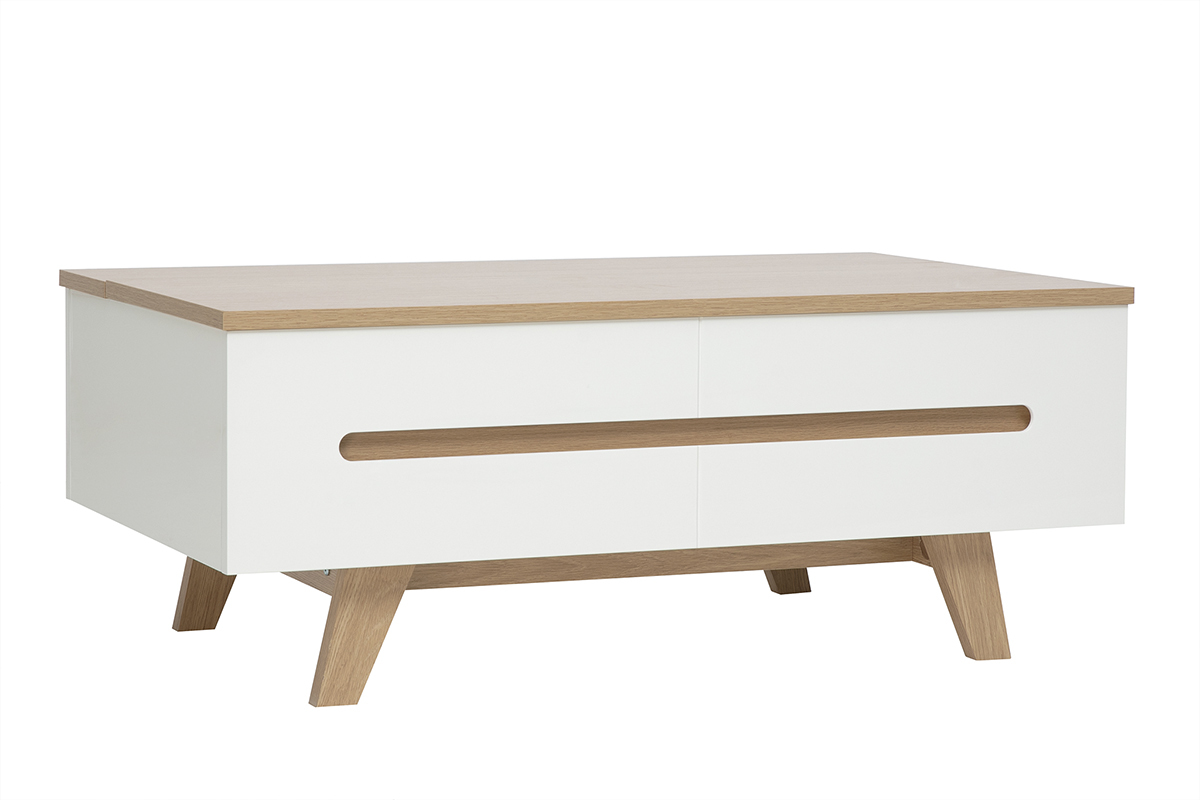 Tavolino basso sollevabile bianco laccato con piano in legno chiaro, vista in tre quarti.