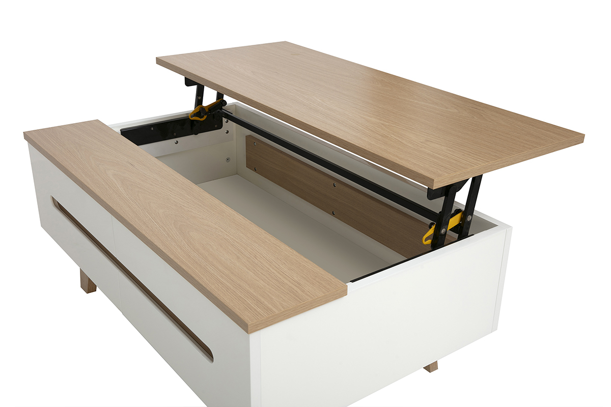Tavolino da caff� bianco laccato sollevabile con piano in legno chiaro, vista dall'alto, vano contenitore aperto.