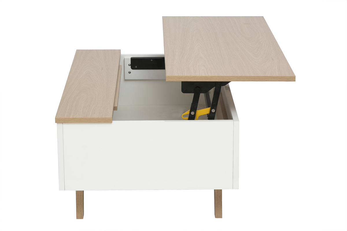 Tavolino basso sollevabile laccato bianco con piano in legno chiaro, vista laterale, cassetto aperto