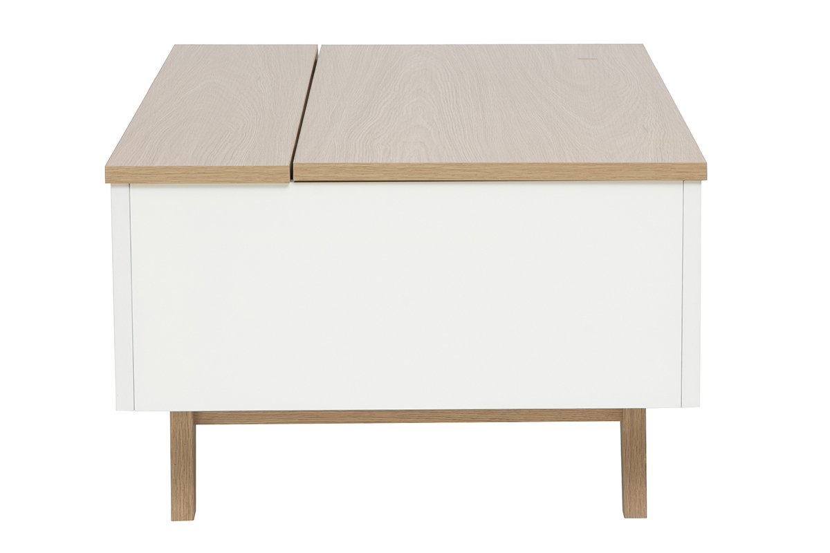 Tavolino basso sollevabile bianco laccato con piano in legno chiaro, vista di profilo.