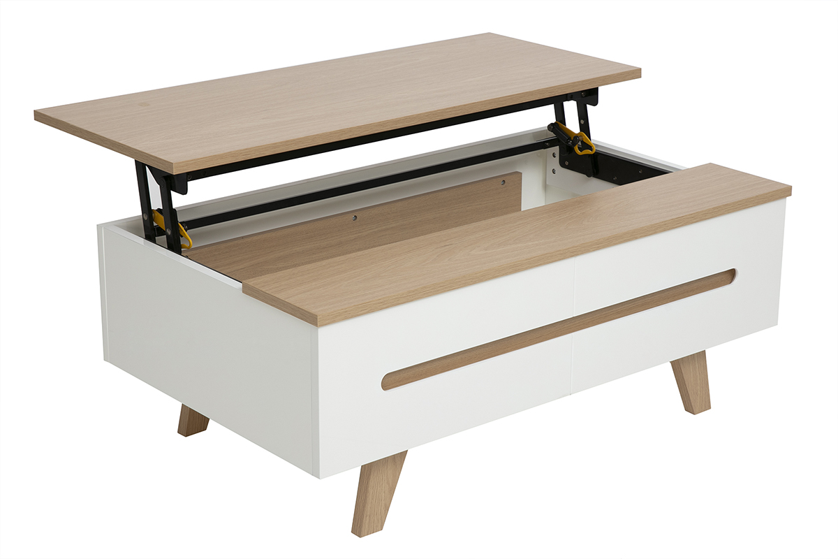 Tavolino basso sollevabile bianco laccato con piano in legno chiaro, vista a tre quarti, vano contenitore integrato aperto.