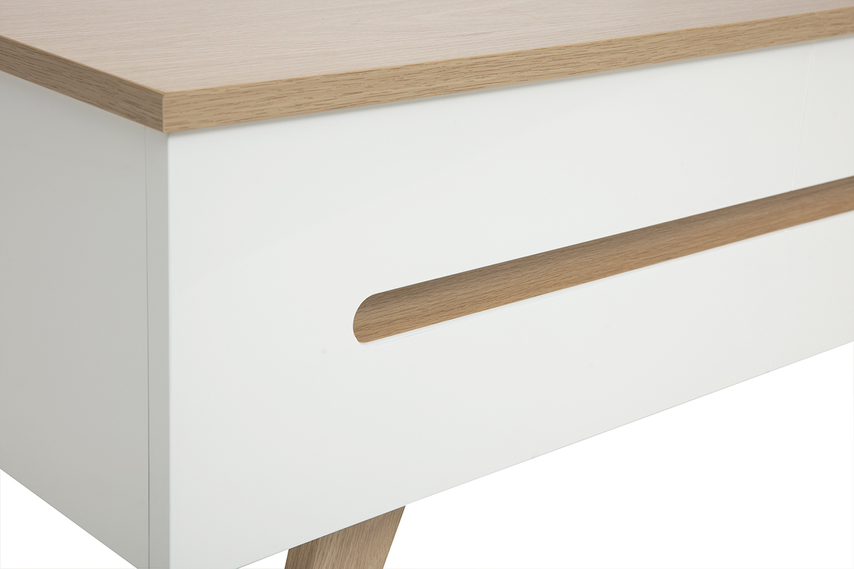 Tavolino bianco laccato sollevabile con piano in legno chiaro, vista dettagliata