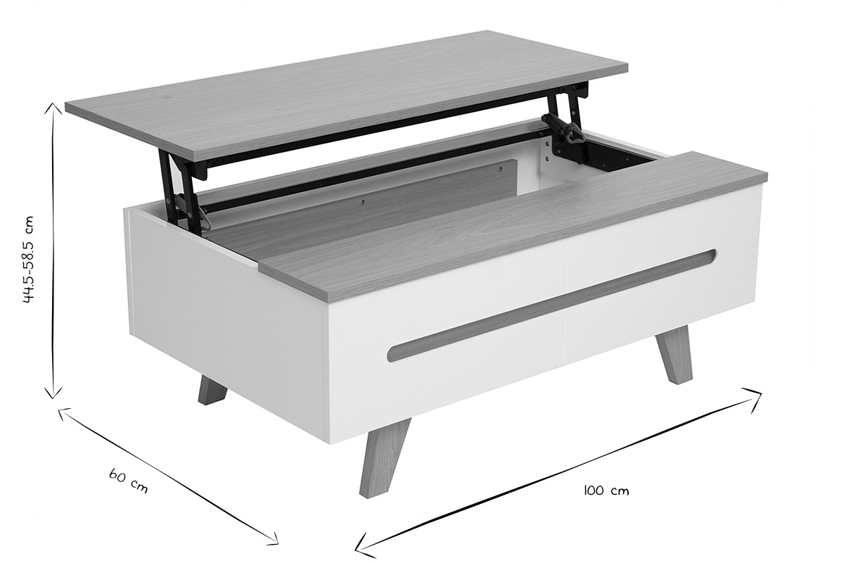Dimensioni del tavolino basso MELKA in bianco e nero: 100 cm x 60 cm, altezza 44.5-58.5 cm.