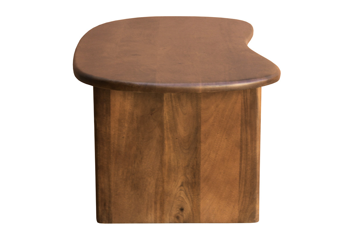 Tavolino basso sollevabile dal design a fagiolo in legno massello di mango vista di profilo