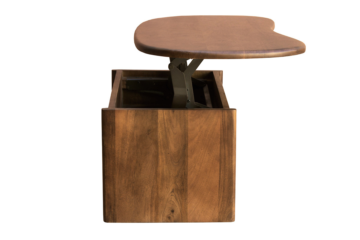 Tavolino da caff� sollevabile in legno di mango con vano contenitore, vista laterale, design a fagiolo, L95 cm.