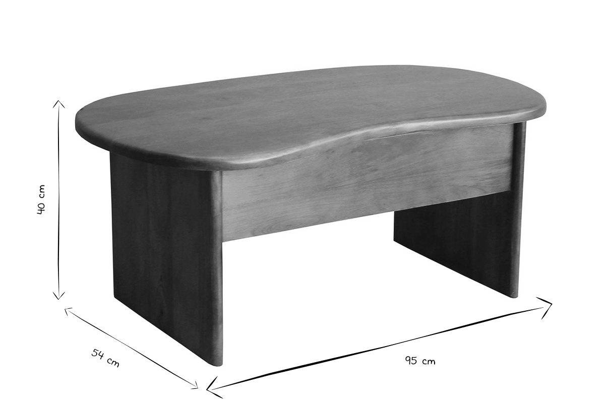 Tavolino da caff� rialzabile disegnato a forma di fagiolo con dimensioni L95 x P54 x H40 cm in bianco e nero