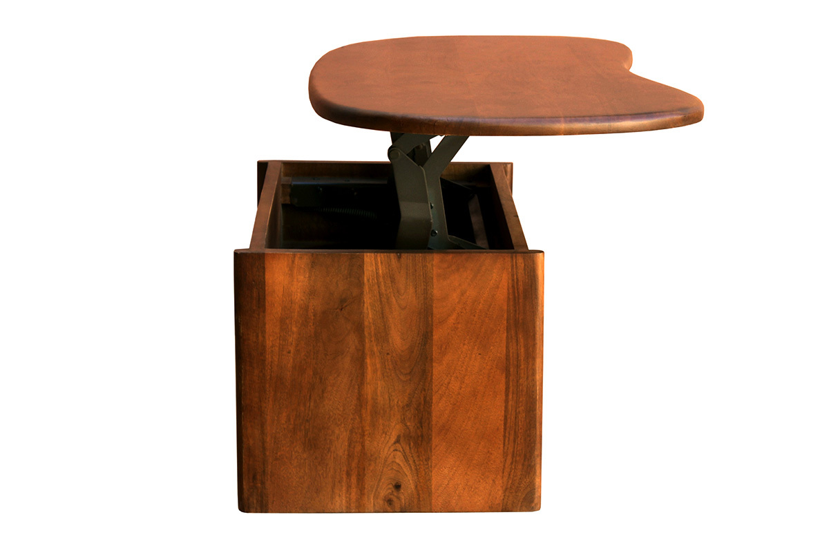Tavolino basso sollevabile di design a forma di fagiolo con contenitore in legno di mango massiccio tinto L95 cm KOKOA