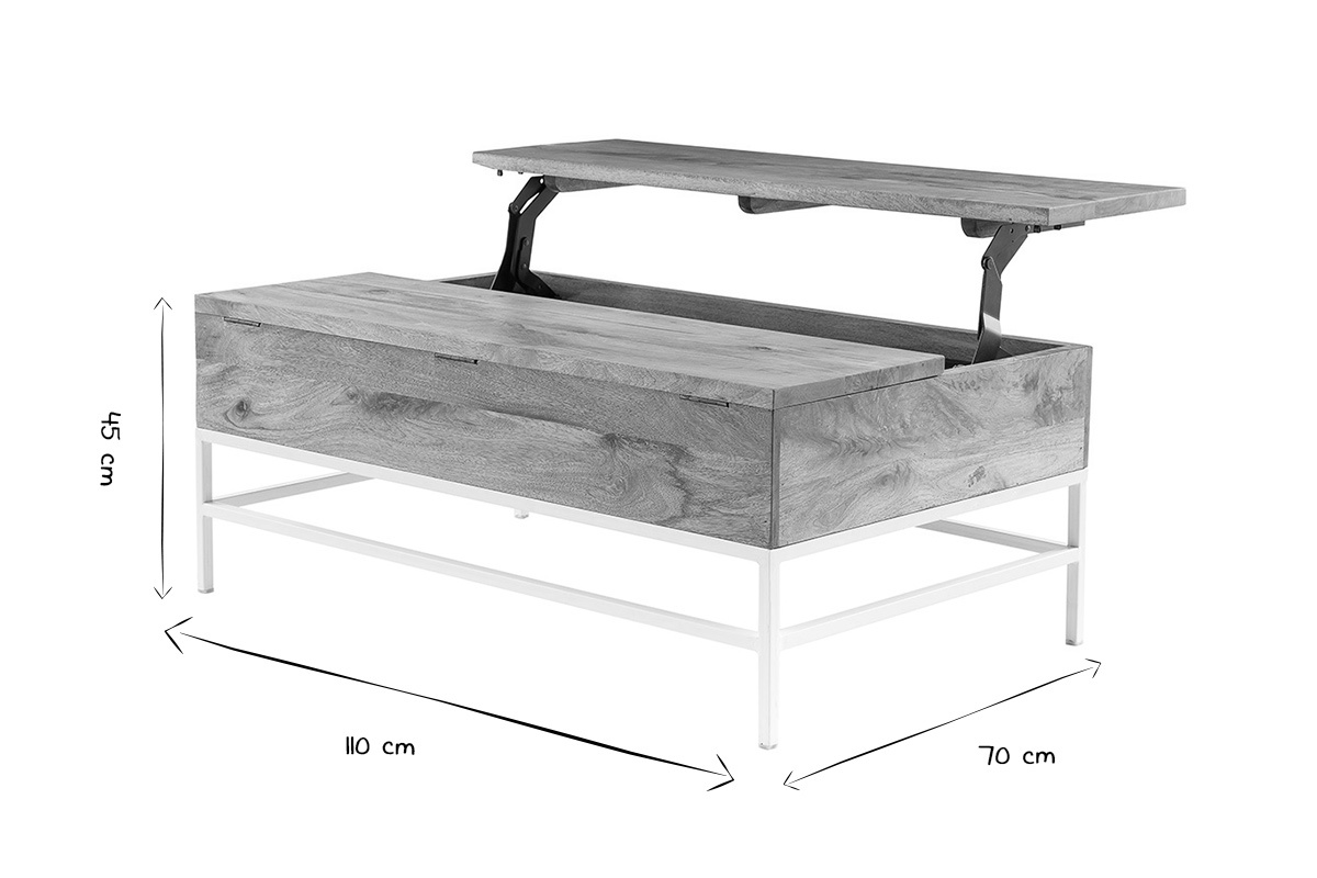 Tavolino basso sollevabile in legno di mango e metallo bianco BOHO