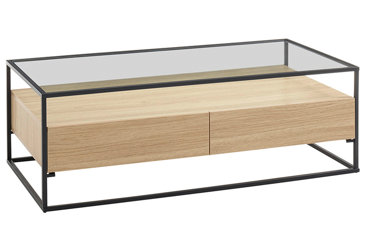 Tavolino con cassetti con piano in vetro e piede in metallo nero color legno - FINN