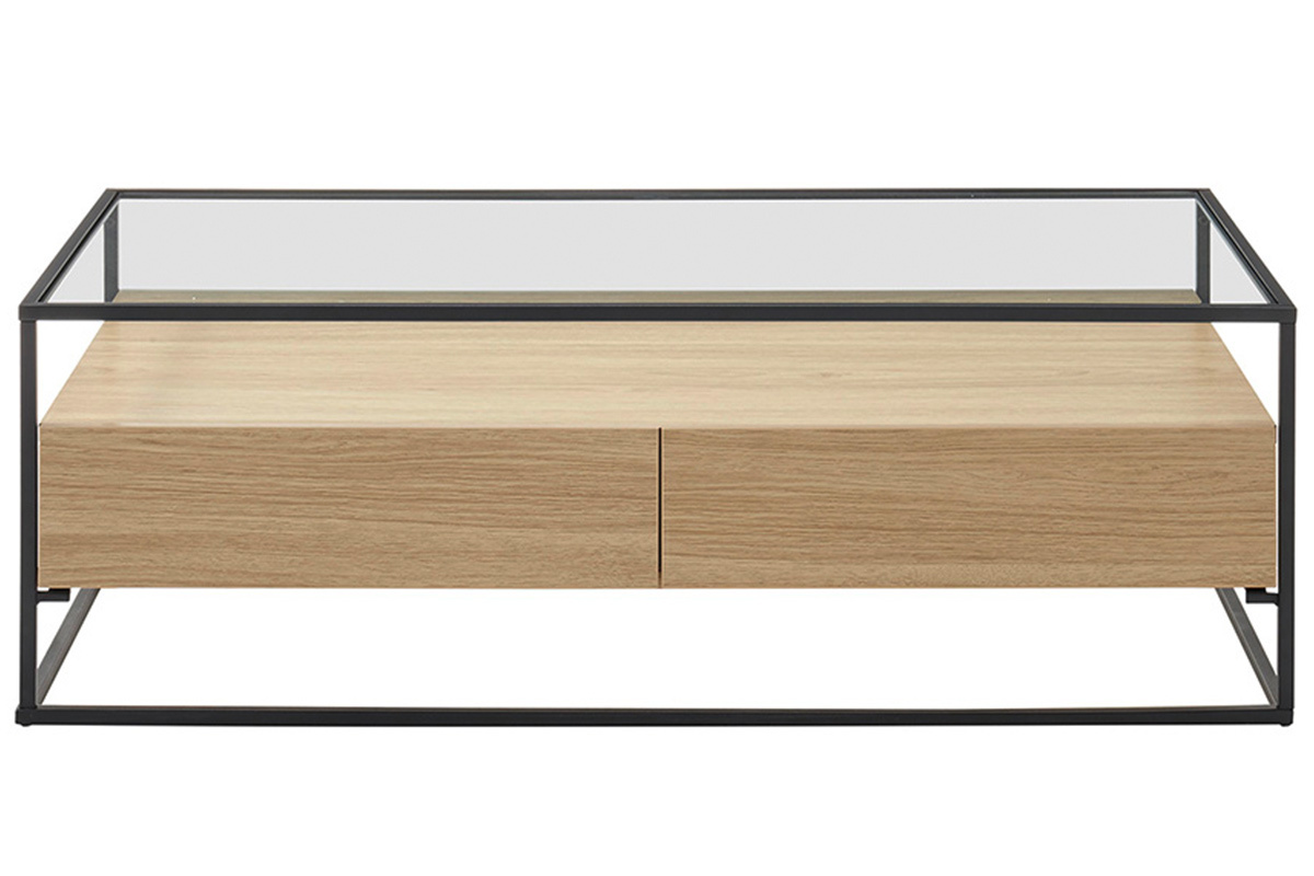 Tavolino con cassetti con piano in vetro e piede in metallo nero color legno - FINN