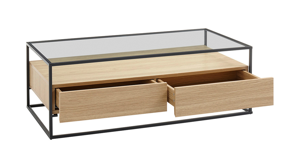 Tavolino con cassetti con piano in vetro e piede in metallo nero color legno - FINN