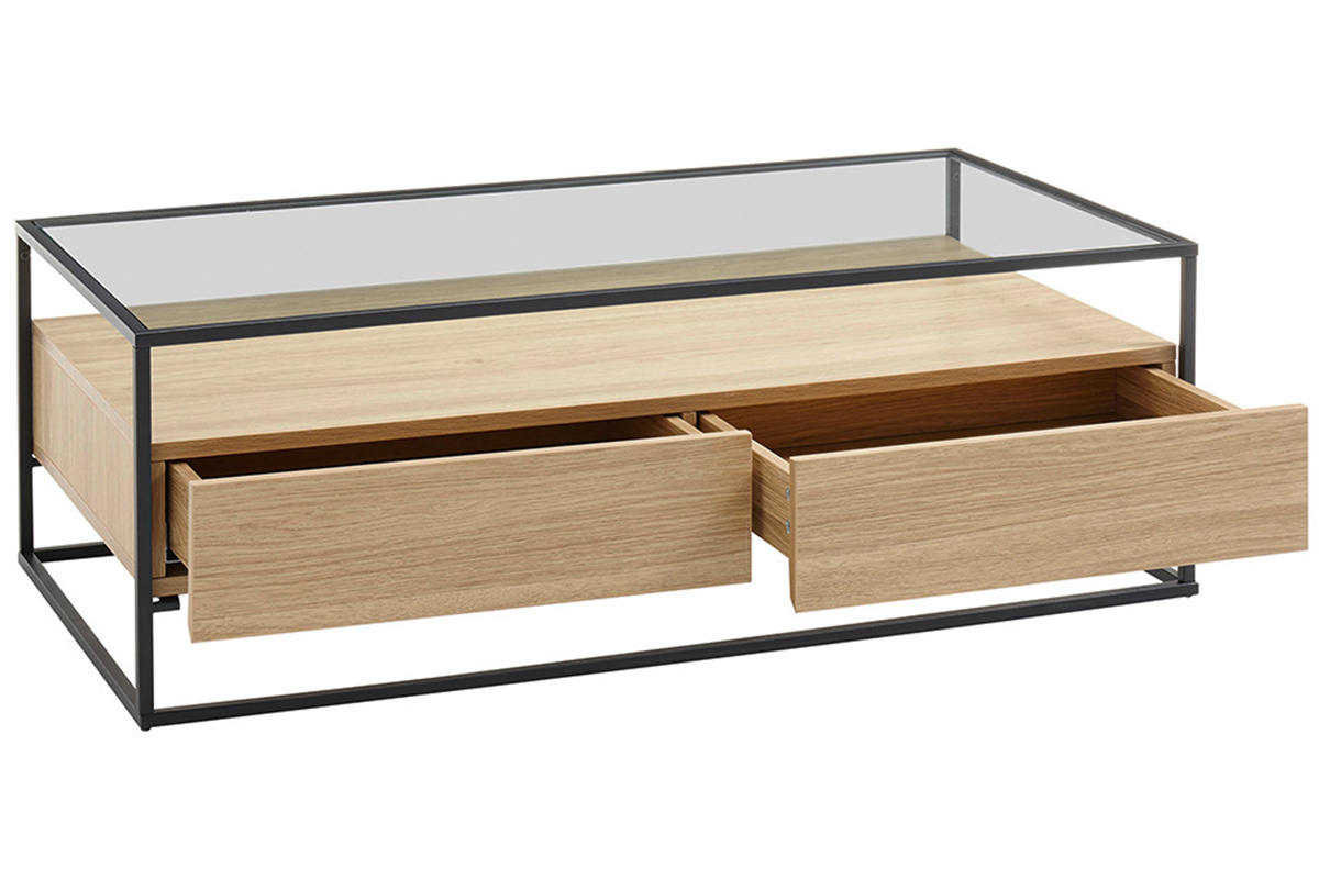 Tavolino con cassetti con piano in vetro e piede in metallo nero color legno - FINN