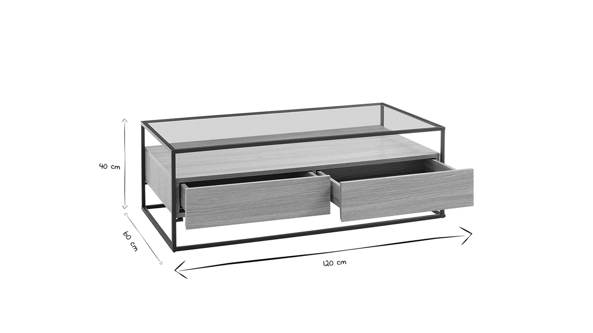 Tavolino con cassetti con piano in vetro e piede in metallo nero color legno - FINN
