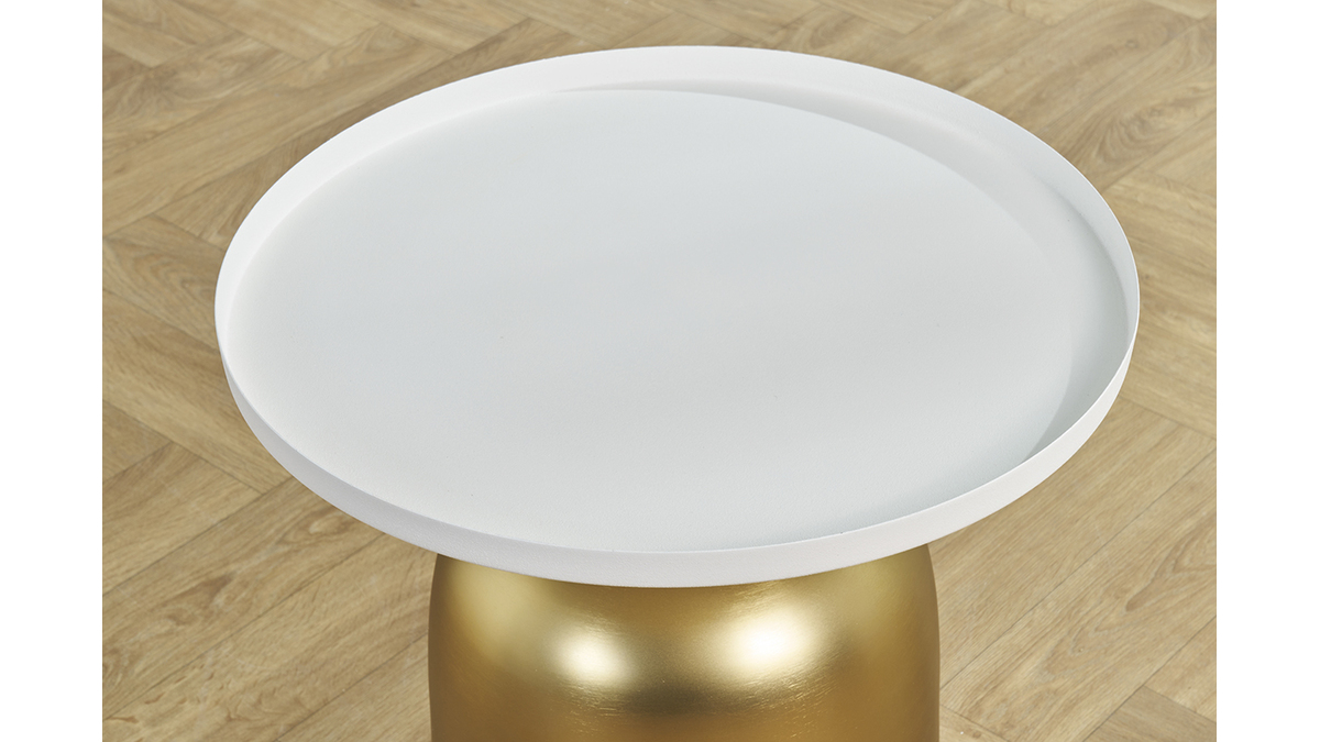 Tavolino da caff design rotondo in metallo dorato e ripiano bianco opaco RAMSES
