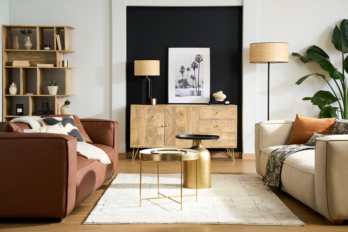 Tavolino da caff design rotondo in metallo dorato e ripiano nero opaco RAMSES