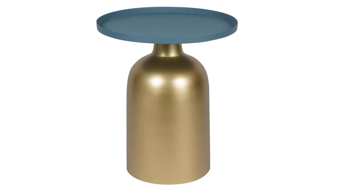 Tavolino da caff design tondo in metallo dorato e ripiano blu petrolio opaco RAMSES