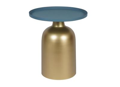 Tavolino da caffè design tondo in metallo dorato e ripiano blu petrolio opaco RAMSES