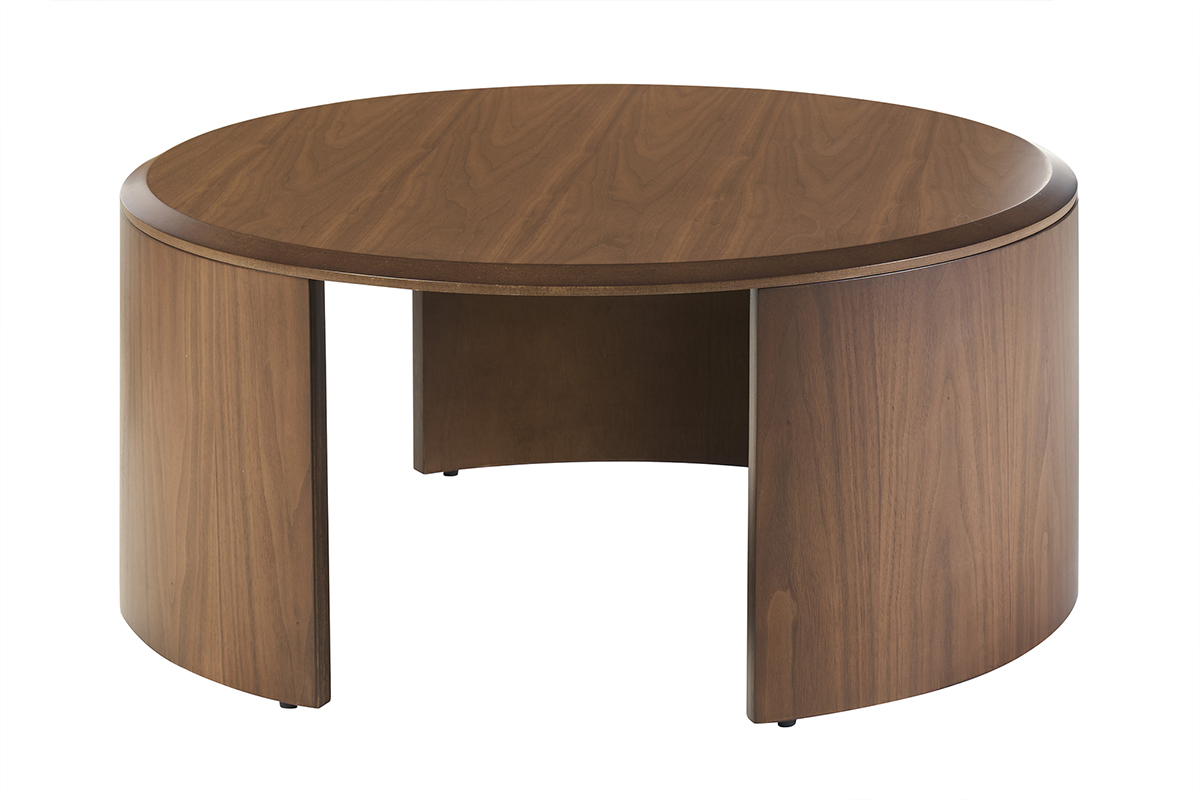 Tavolino basso rotondo in legno scuro noce, design scultoreo, vista a 3/4.