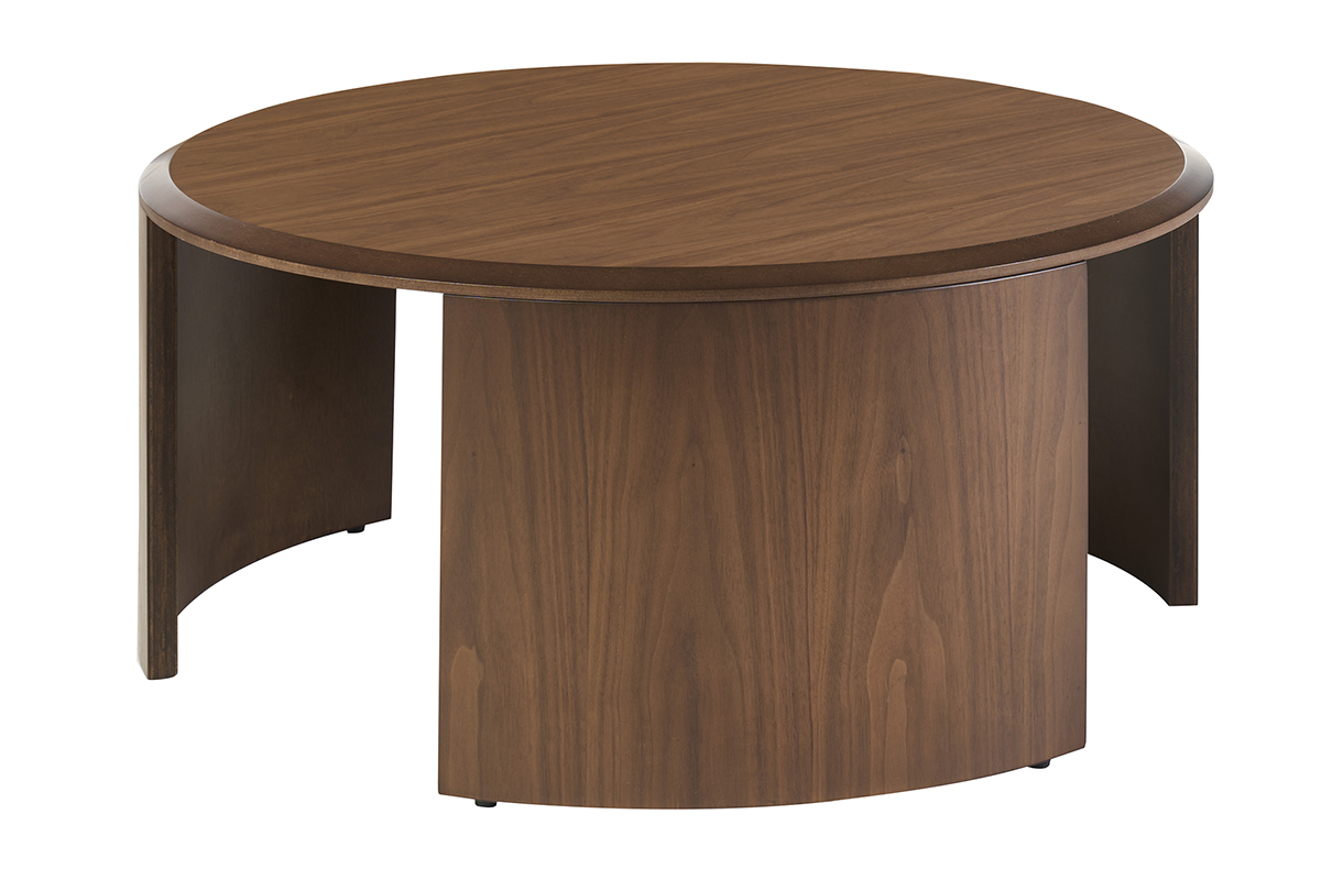 Tavolino rotondo in legno di noce scuro, design moderno, vista posteriore.