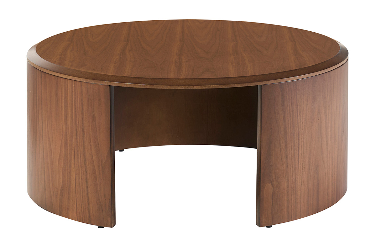 Tavolino rotondo in legno di noce scuro, vista frontale, diametro 80 cm, altezza 35 cm.