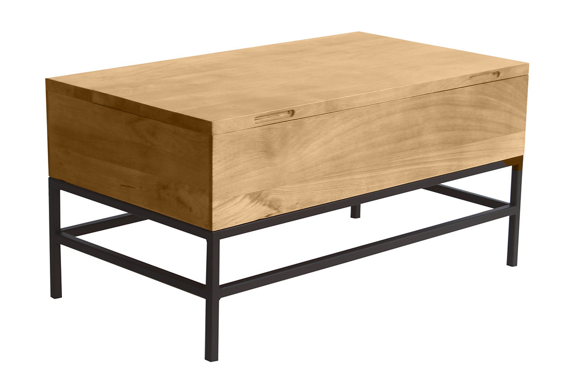 Tavolino da caff industriale sollevabile in legno massello di mango e metallo nero L90 cm YPSTER