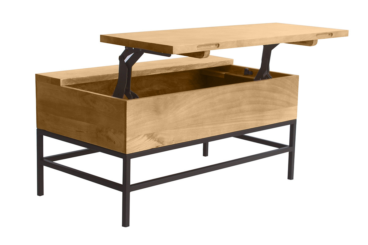 Tavolino da caff industriale sollevabile in legno massello di mango e metallo nero L90 cm YPSTER