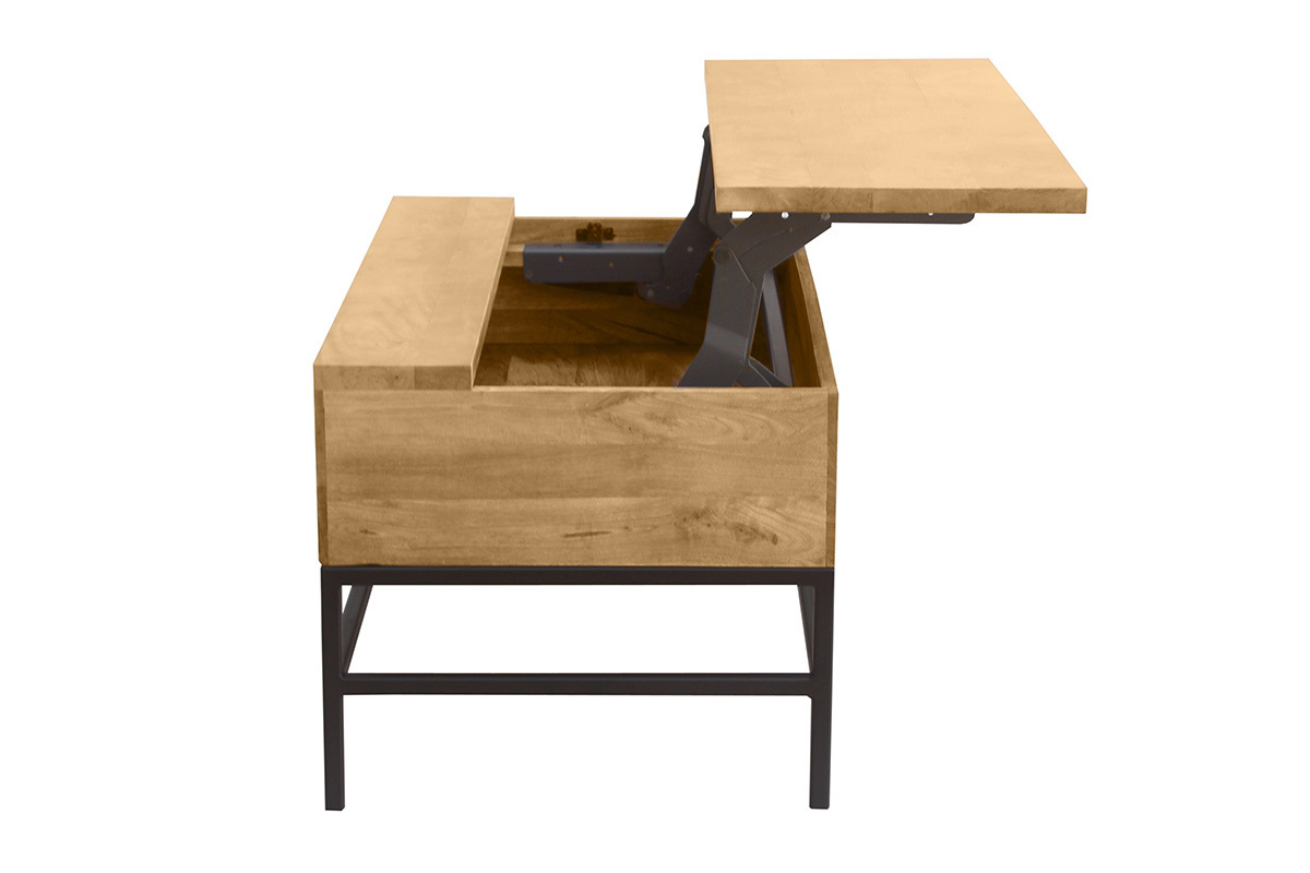 Tavolino da caff industriale sollevabile in legno massello di mango e metallo nero L90 cm YPSTER