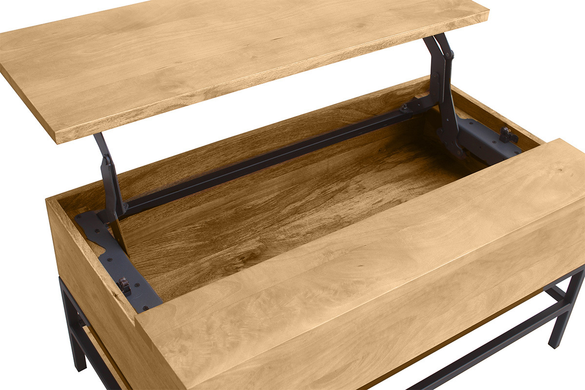 Tavolino da caff industriale sollevabile in legno massello di mango e metallo nero L90 cm YPSTER