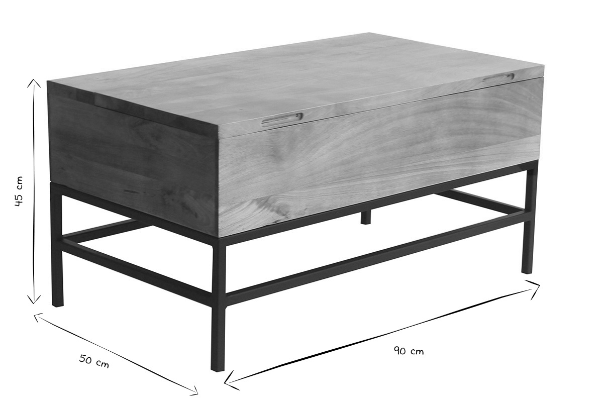 Tavolino da caff industriale sollevabile in legno massello di mango e metallo nero L90 cm YPSTER