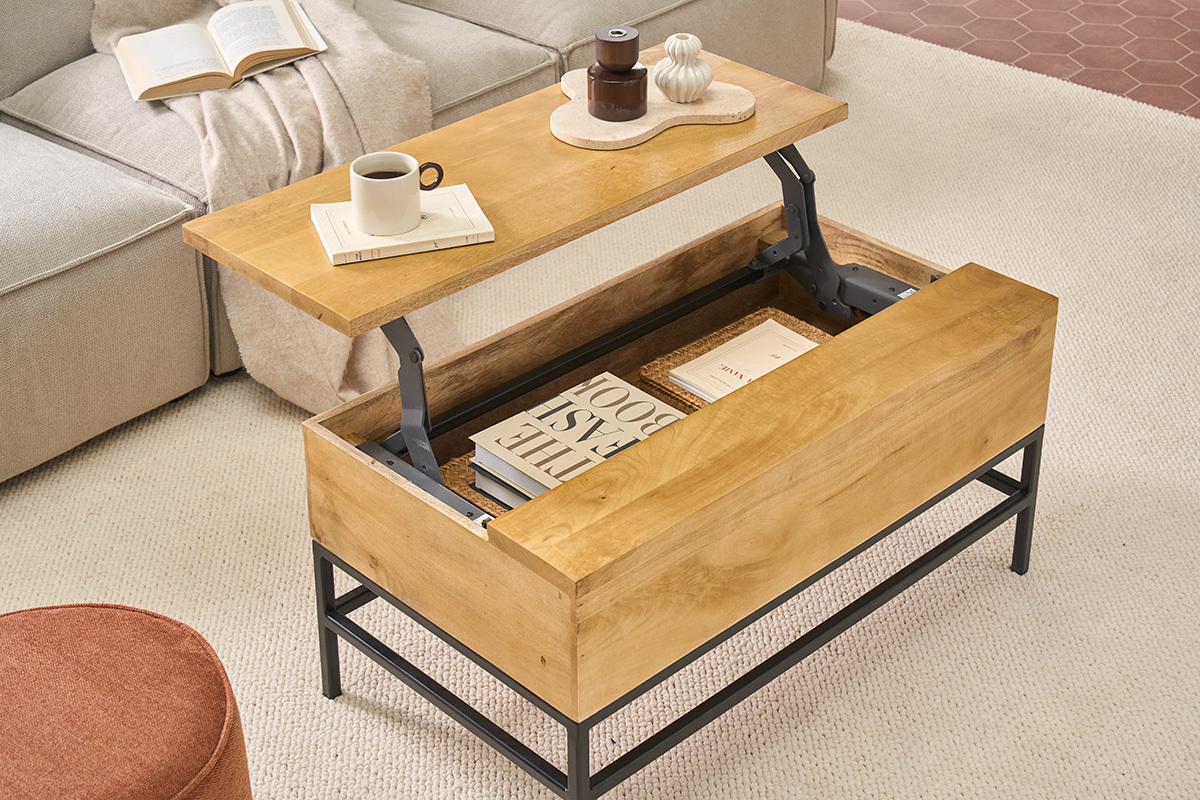 Tavolino da caff� industriale sollevabile in legno massello di mango e metallo nero L90 cm YPSTER