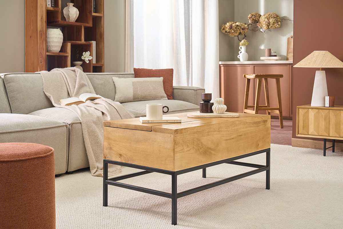 Tavolino da caff� industriale sollevabile in legno massello di mango e metallo nero L90 cm YPSTER