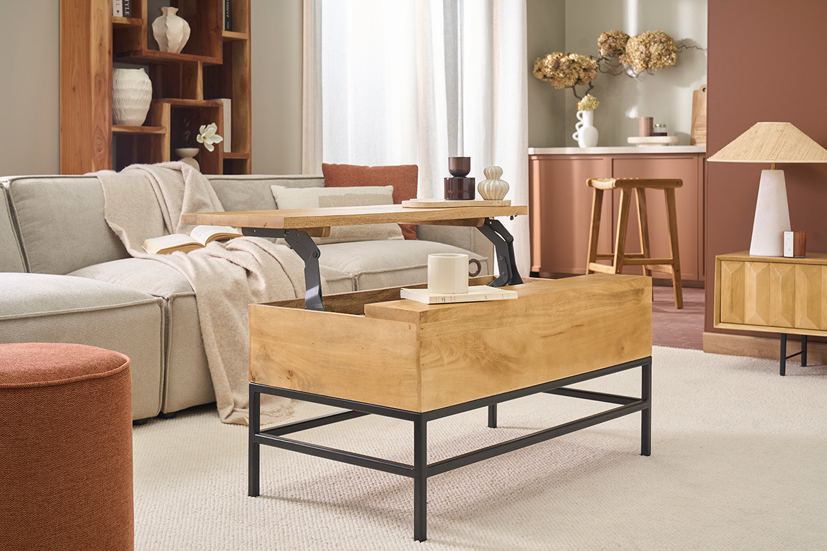 Tavolino da caff� industriale sollevabile in legno massello di mango e metallo nero L90 cm YPSTER