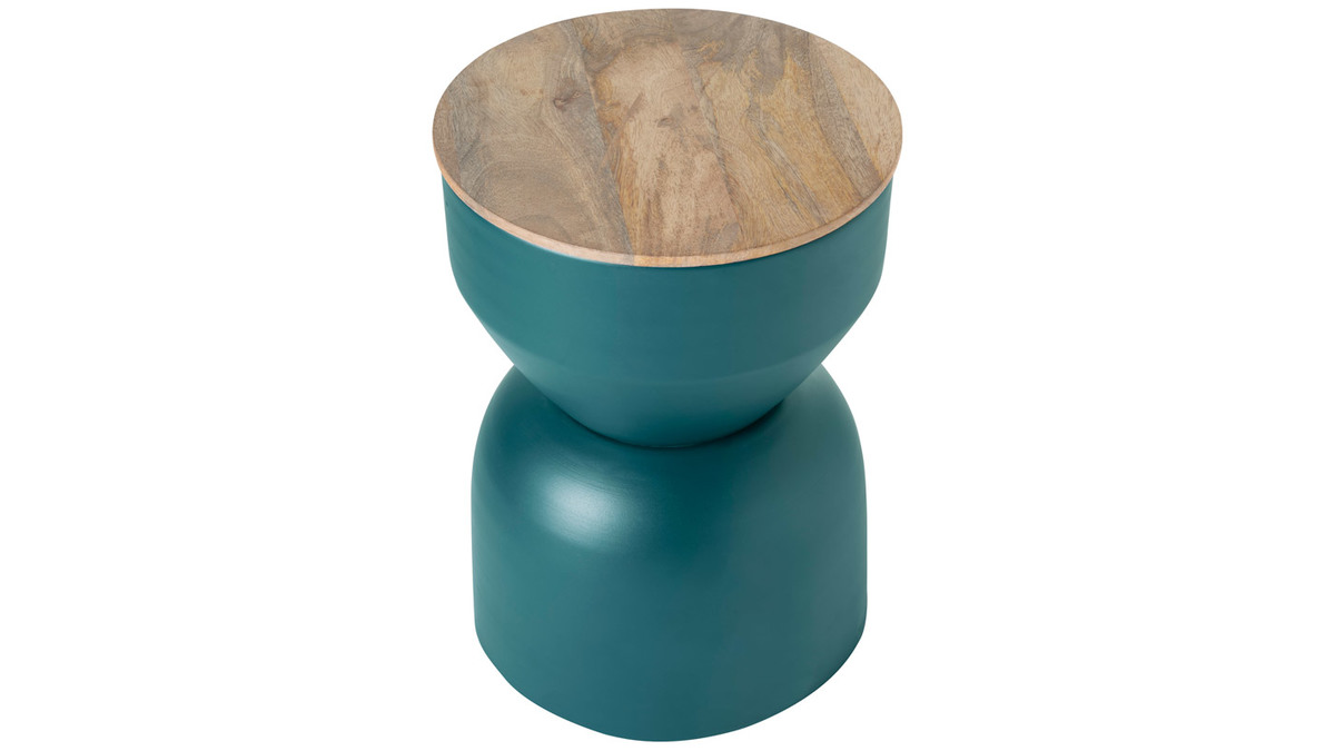 Tavolino da caff rotondo design con struttura in metallo blu anatra e legno massello di mango D30 cm YOYO