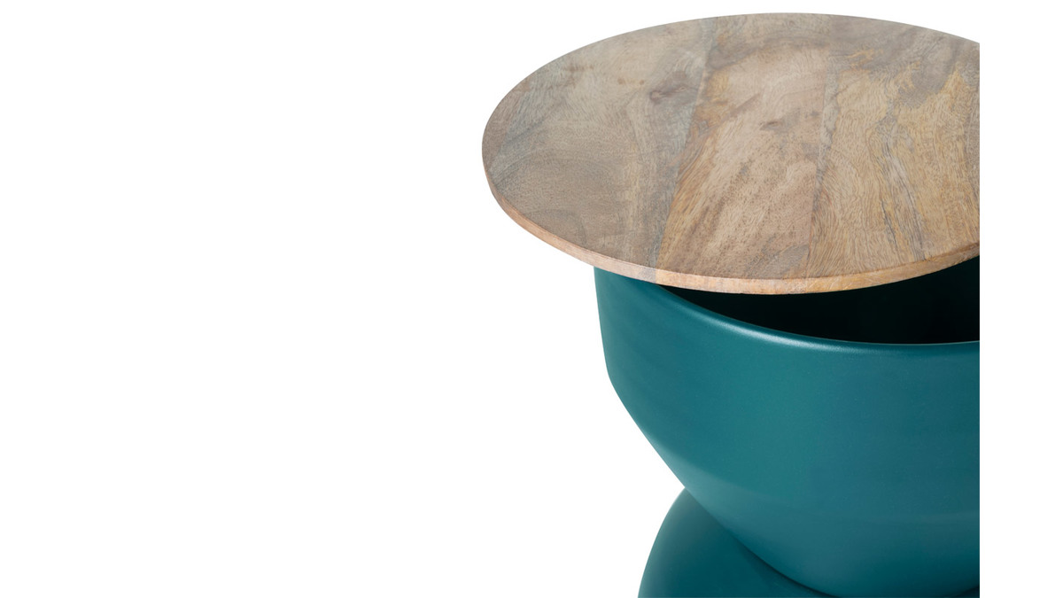 Tavolino da caff rotondo design con struttura in metallo blu anatra e legno massello di mango D30 cm YOYO