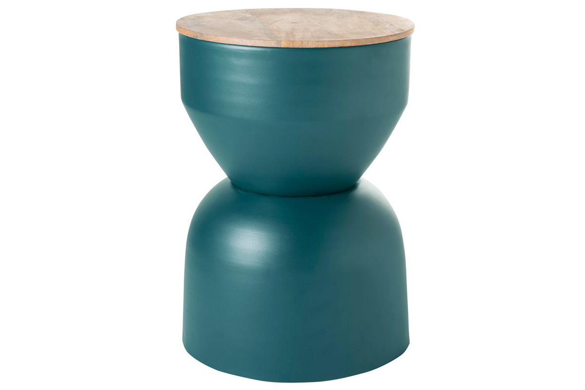 Tavolino da caff rotondo design con struttura in metallo blu anatra e legno massello di mango D30 cm YOYO