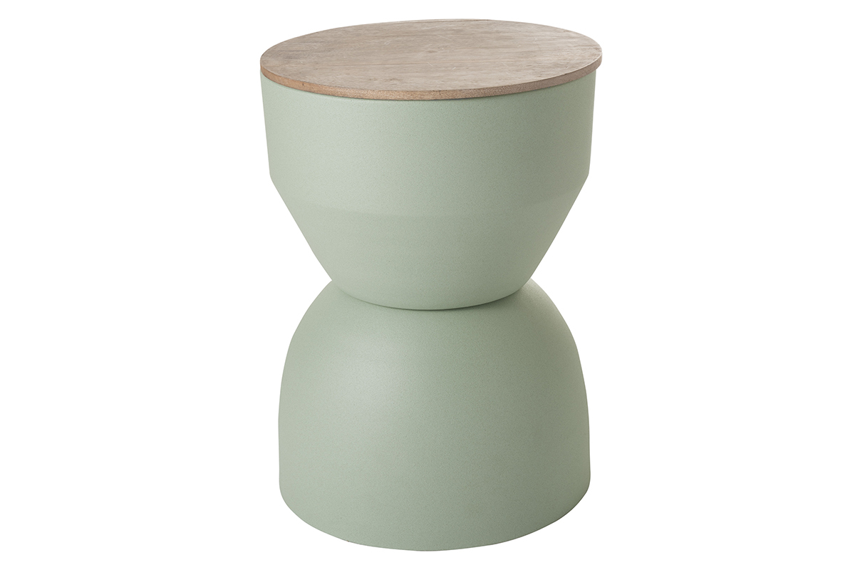 Tavolino da caff rotondo design con struttura in metallo color acquamarina e legno massello di mango D30 cm YOYO