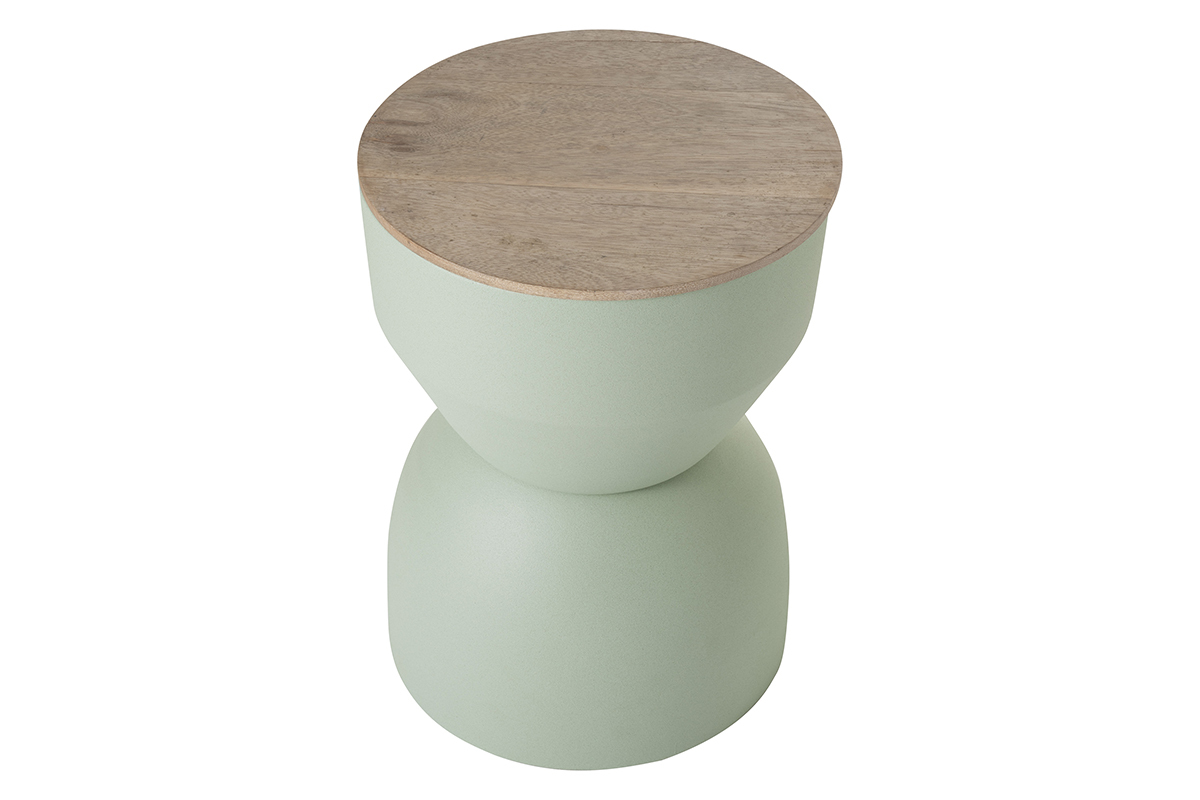 Tavolino da caff rotondo design con struttura in metallo color acquamarina e legno massello di mango D30 cm YOYO