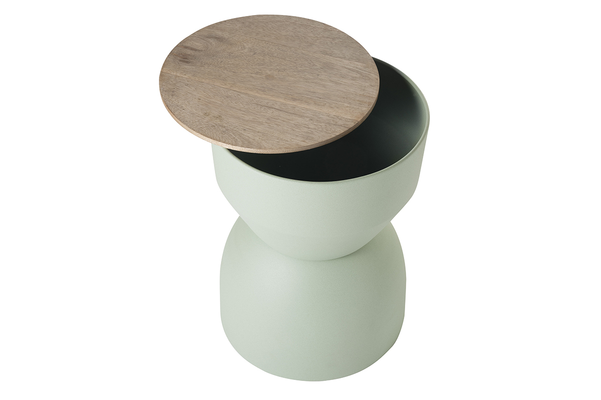 Tavolino da caff rotondo design con struttura in metallo color acquamarina e legno massello di mango D30 cm YOYO