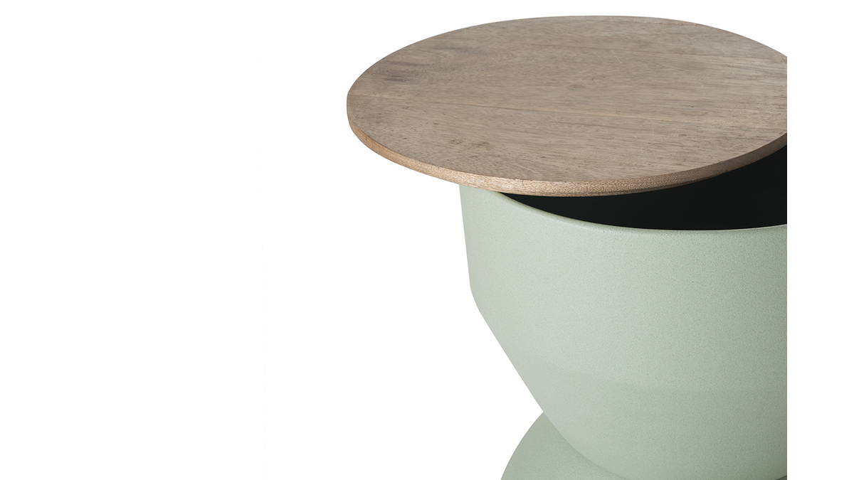 Tavolino da caff rotondo design con struttura in metallo color acquamarina e legno massello di mango D30 cm YOYO