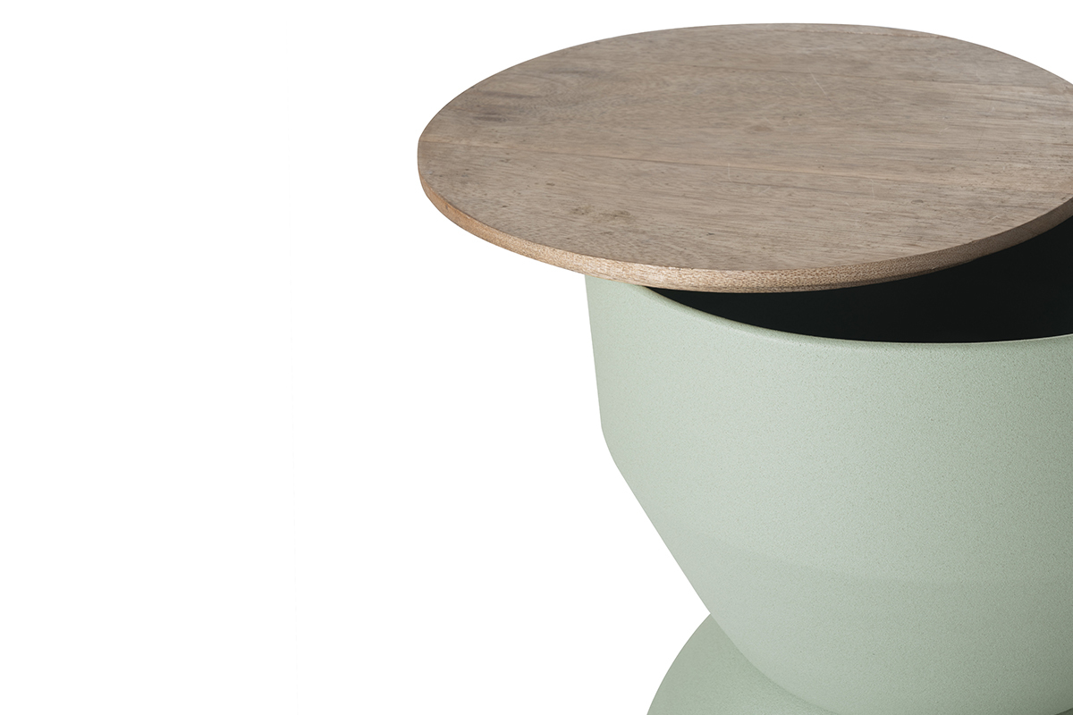 Tavolino da caff rotondo design con struttura in metallo color acquamarina e legno massello di mango D30 cm YOYO