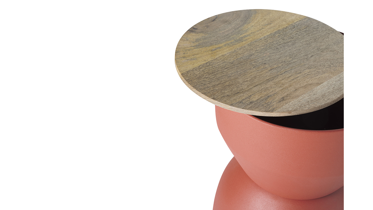 Tavolino da caff rotondo design con struttura in metallo color bruciato e legno massello di mango D30 cm YOYO