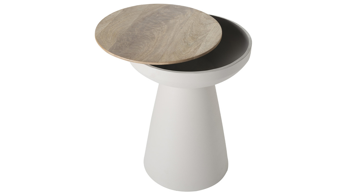 Tavolino da caff rotondo design con struttura in metallo cru e legno massello di mango H52 cm TAM