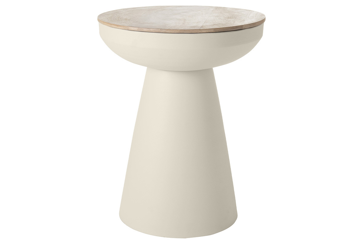 Tavolino da caff rotondo design con struttura in metallo cru e legno massello di mango H52 cm TAM
