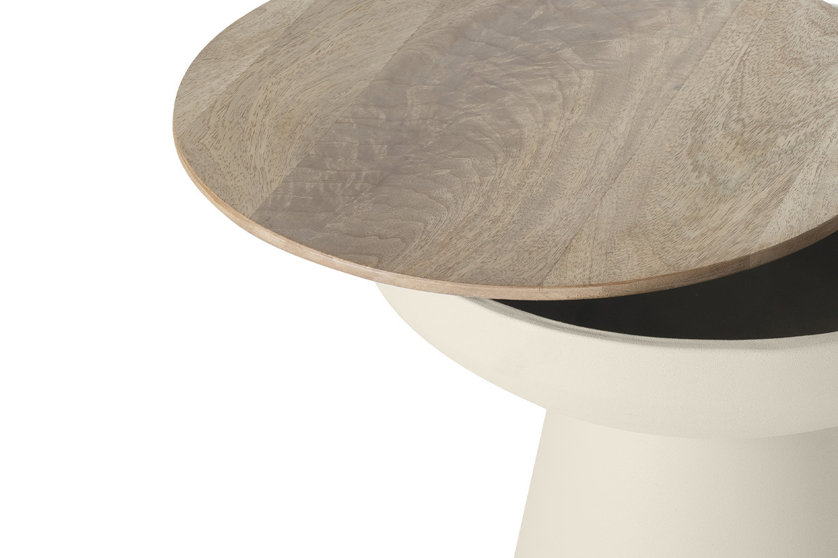 Tavolino da caff rotondo design con struttura in metallo cru e legno massello di mango H52 cm TAM