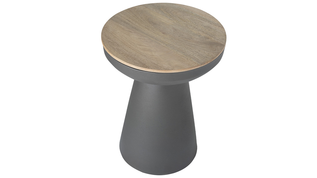 Tavolino da caff rotondo design con struttura in metallo grigio antracite e legno massello di mango H52 cm TAM