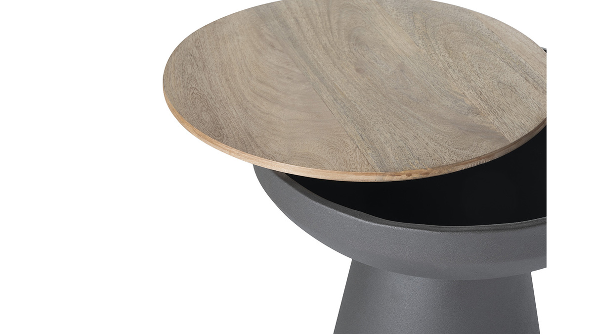 Tavolino da caff rotondo design con struttura in metallo grigio antracite e legno massello di mango H52 cm TAM